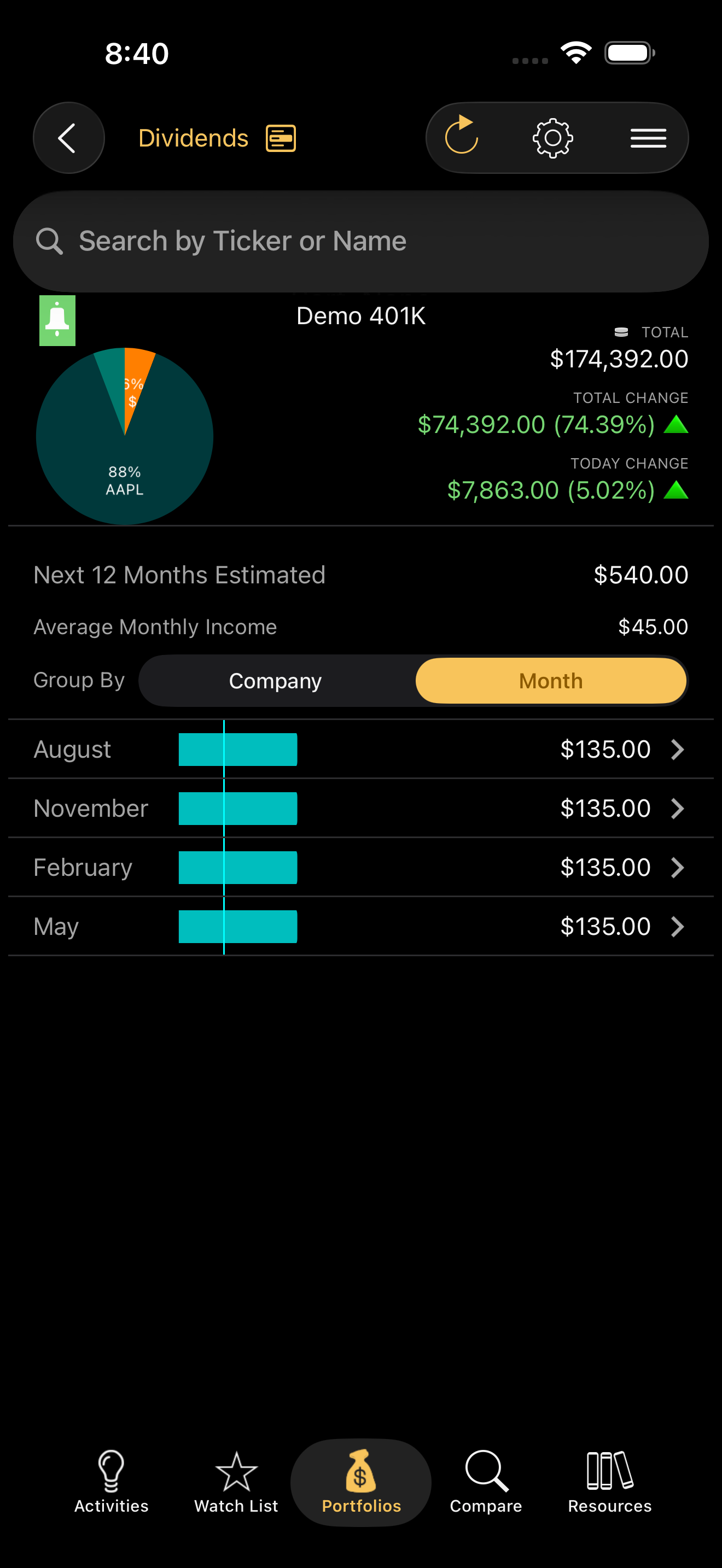Dividend calendar view